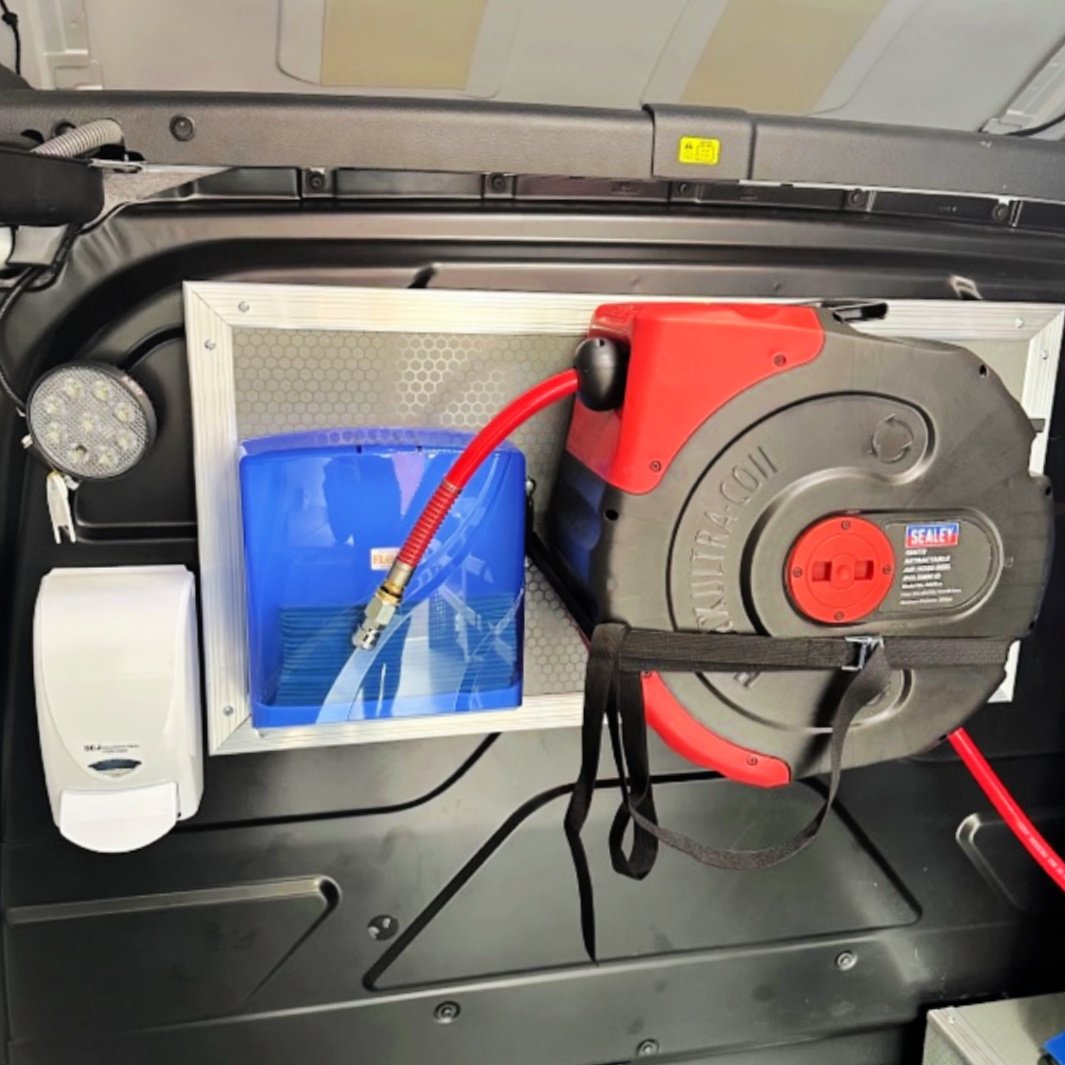 Ford Custom Air Compressor, Soap and Paper Towel Despenser Mobile Workshop Conversions