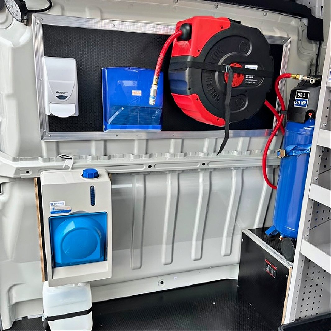 Peugeot Boxer Hot:Cold Handwash, Air Compressor, Air Hose, Soap Dispenser & Paper Towel Dispenser Mobile Workshop Conversions